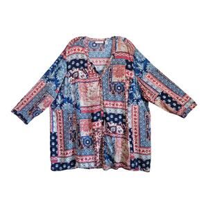 SUSAN GRAVER Women's Plus 2X Tunic Top Button Up Patchwork Pattern Blue Red 52"